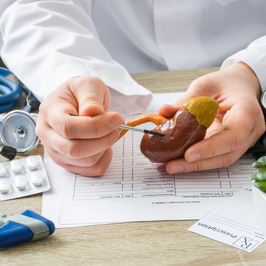 Fotografia de médico com modelo de rim sobre uma mesa com instrumentos médicos e remédios